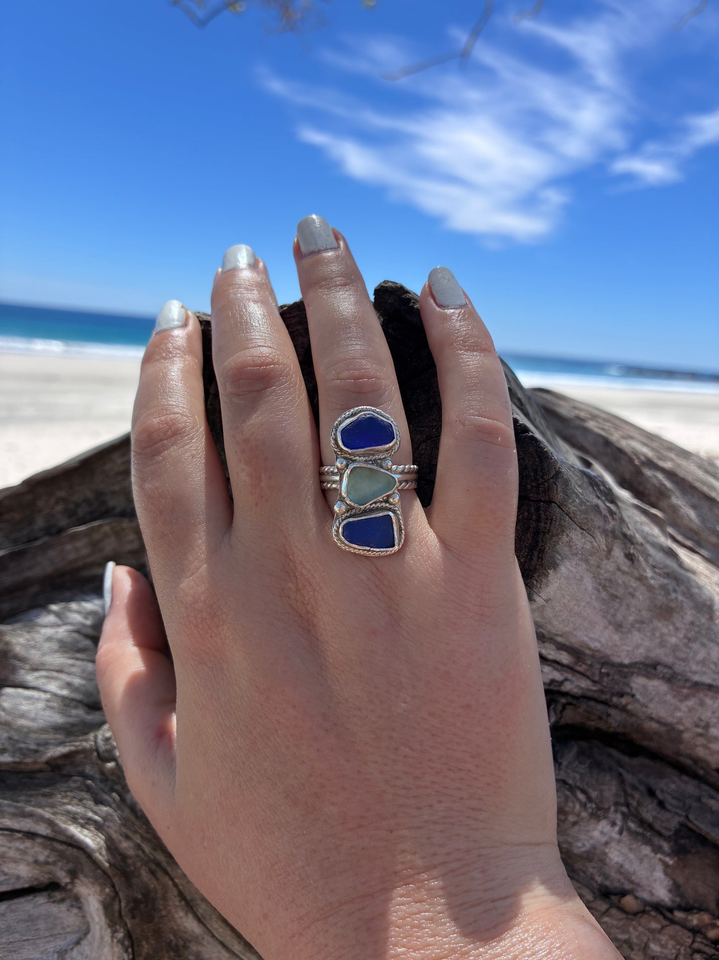 Mendocino Blue Sea Glass Ring – Sterling Silver – Size 8.25