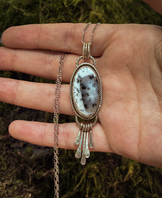 Dendritic Stone & Sterling Silver Fringe Pendant Necklace