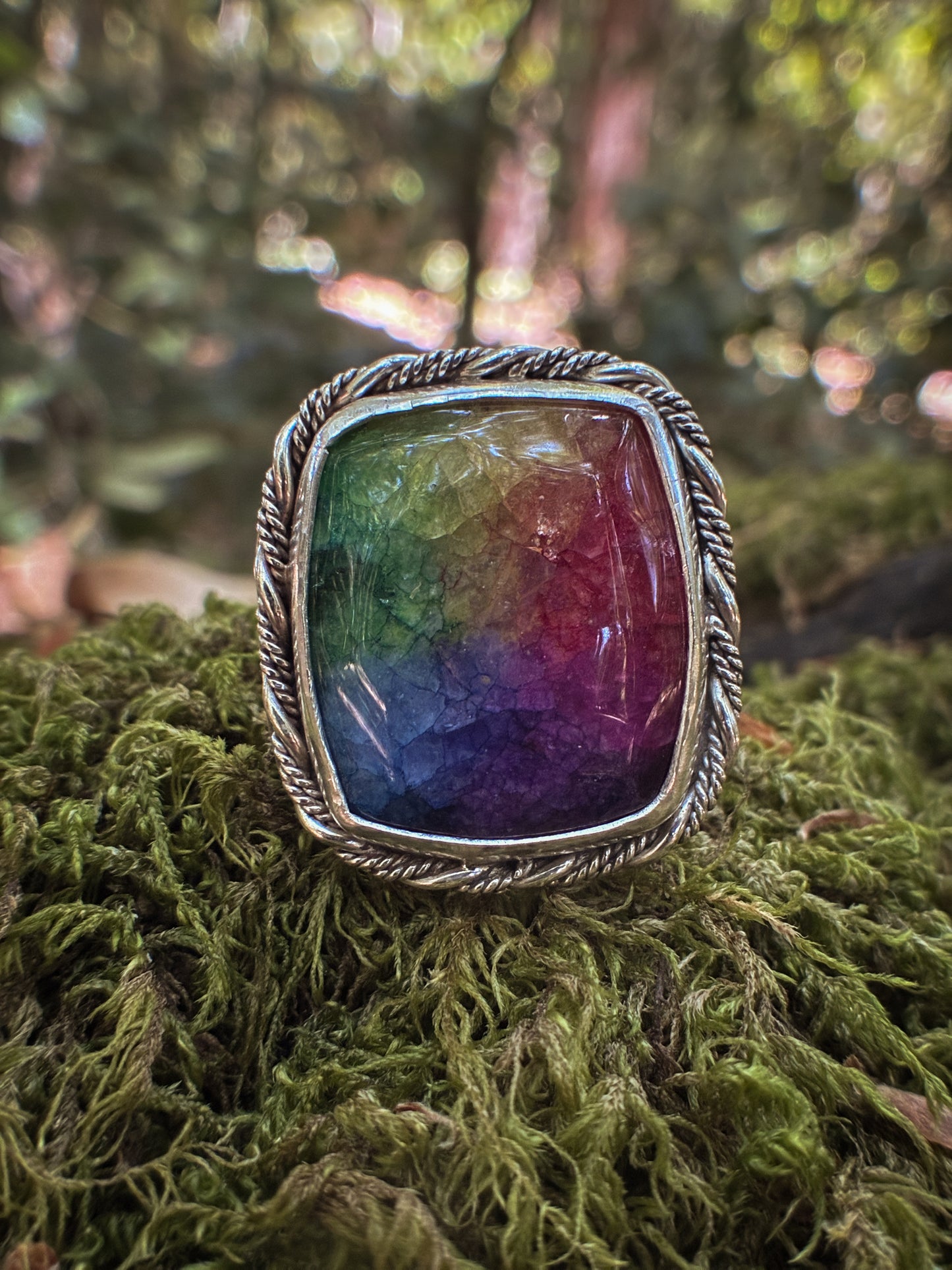 Rainbow Aura Quartz Statement Ring - Size 10.25