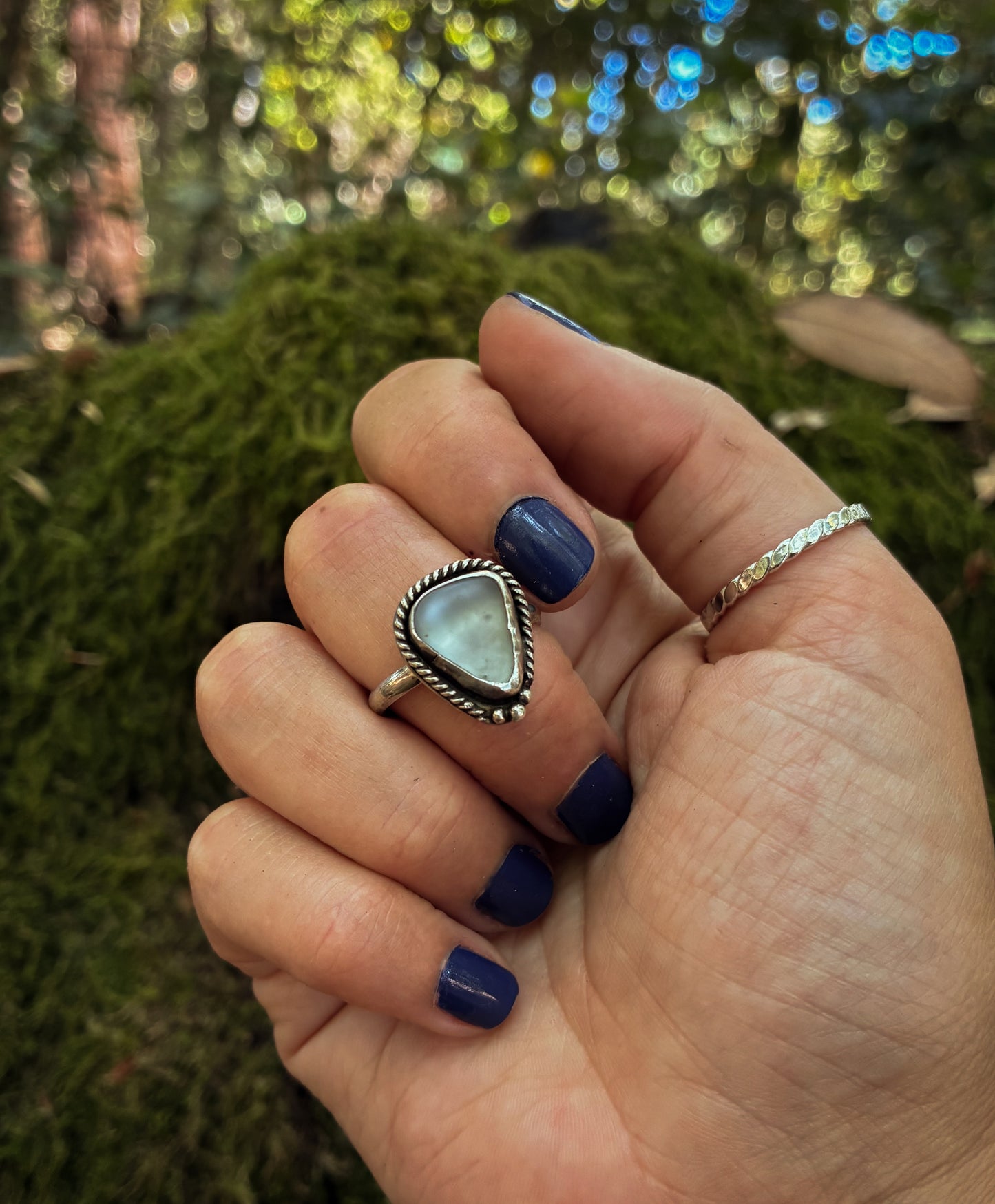 Teal Horizon Sea Glass Ring - Size 8.5