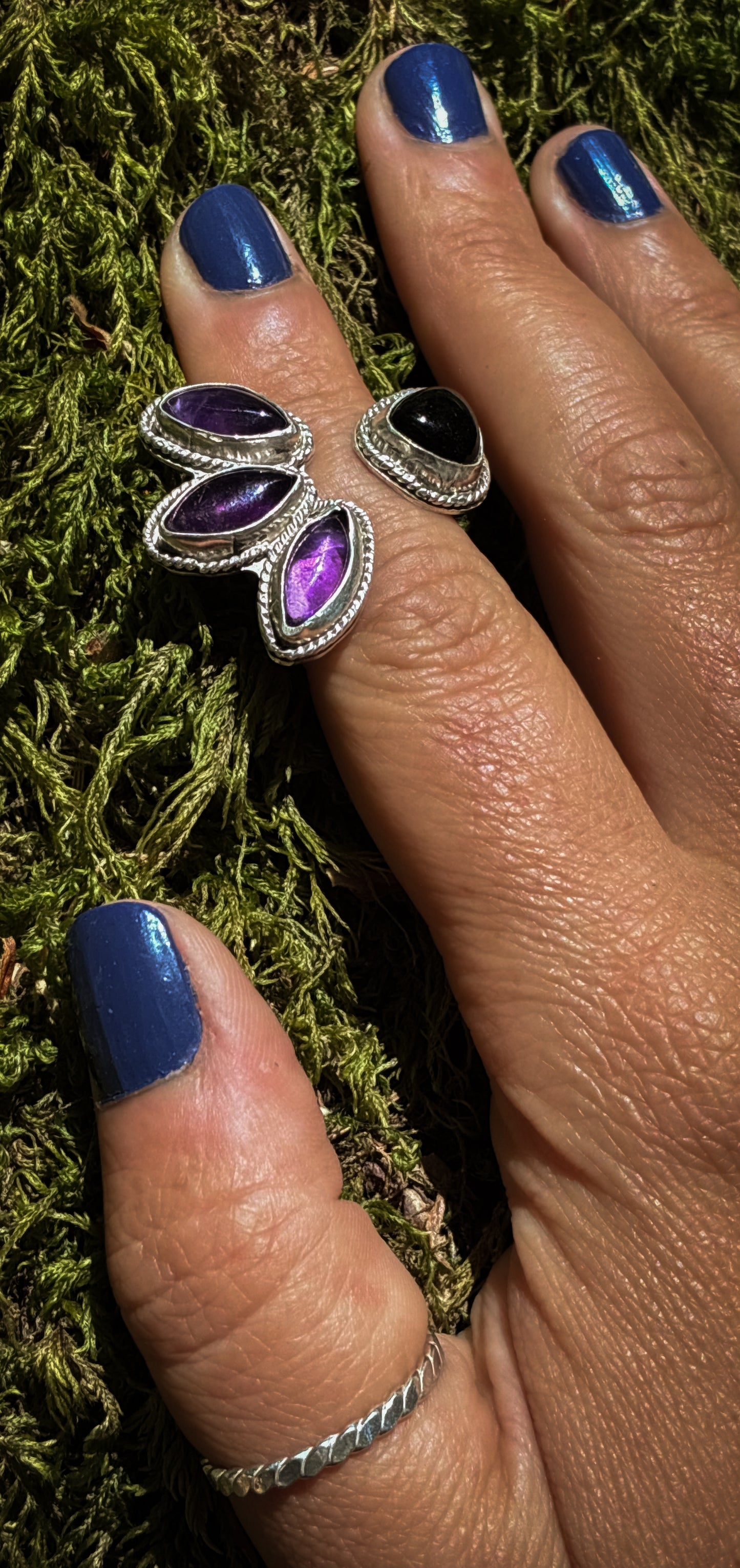Amethyst & Onyx Triple Moon Ring - Size 4