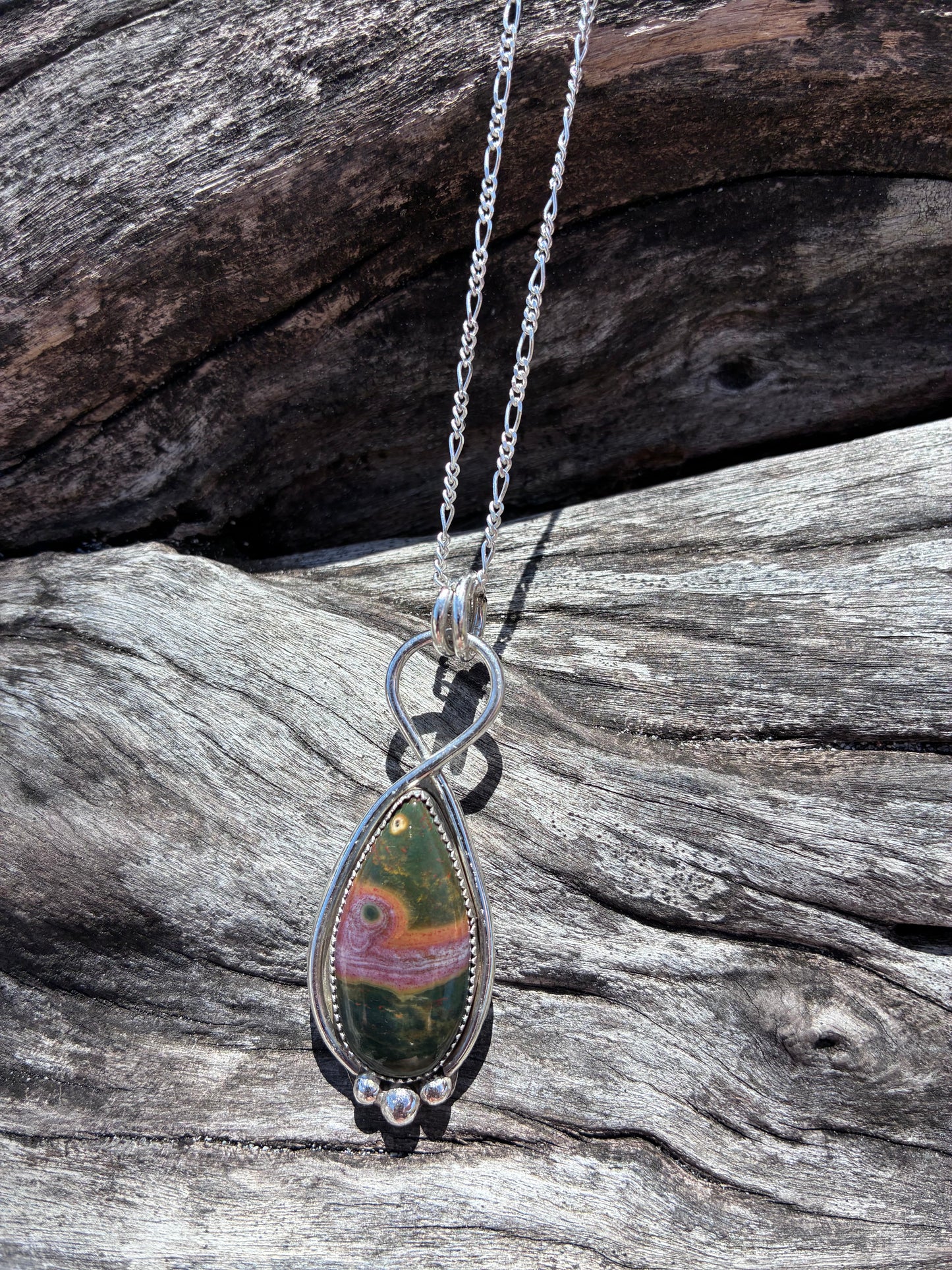 Sterling Silver Ocean Jasper Infinity Pendant Necklace – Statement Jewelry