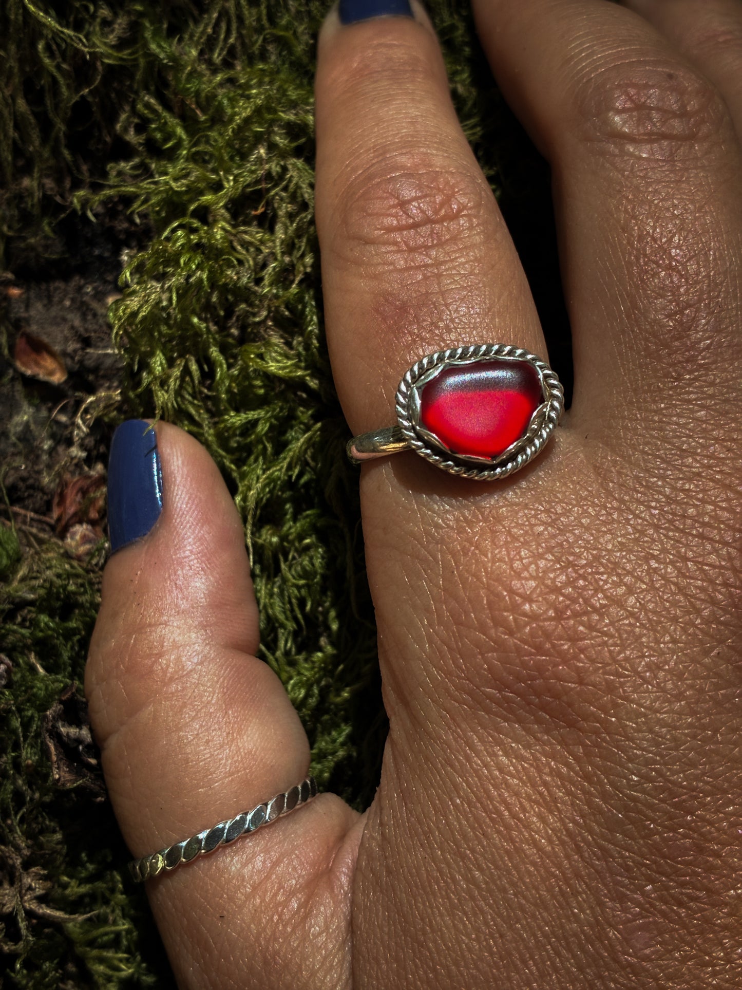 Crimson Sea Glass Ring - Size 9