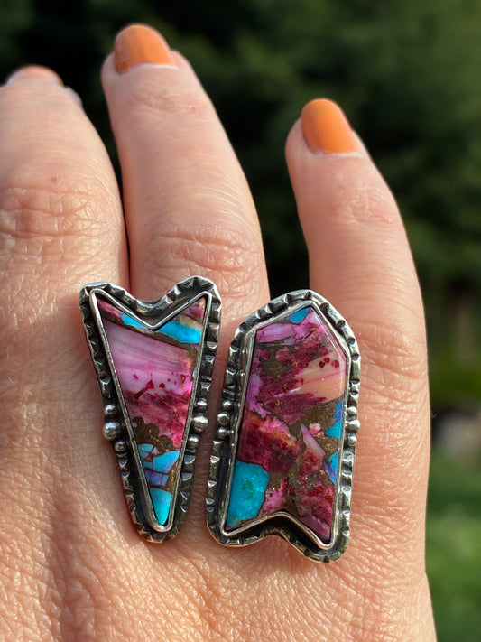 Spiny Oyster & Turquoise Ring — Size 7 Adjustable — Sterling Silver Statement Ring