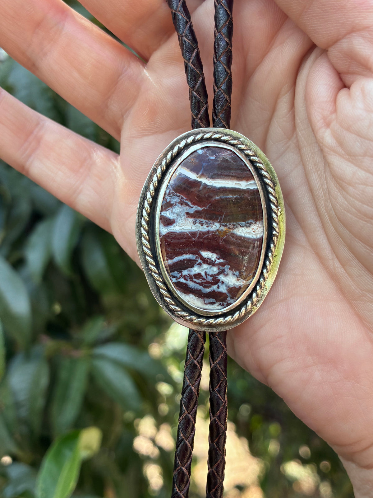 One-of-a-kind Red Creek Jasper bolo tie handmade in Northern California