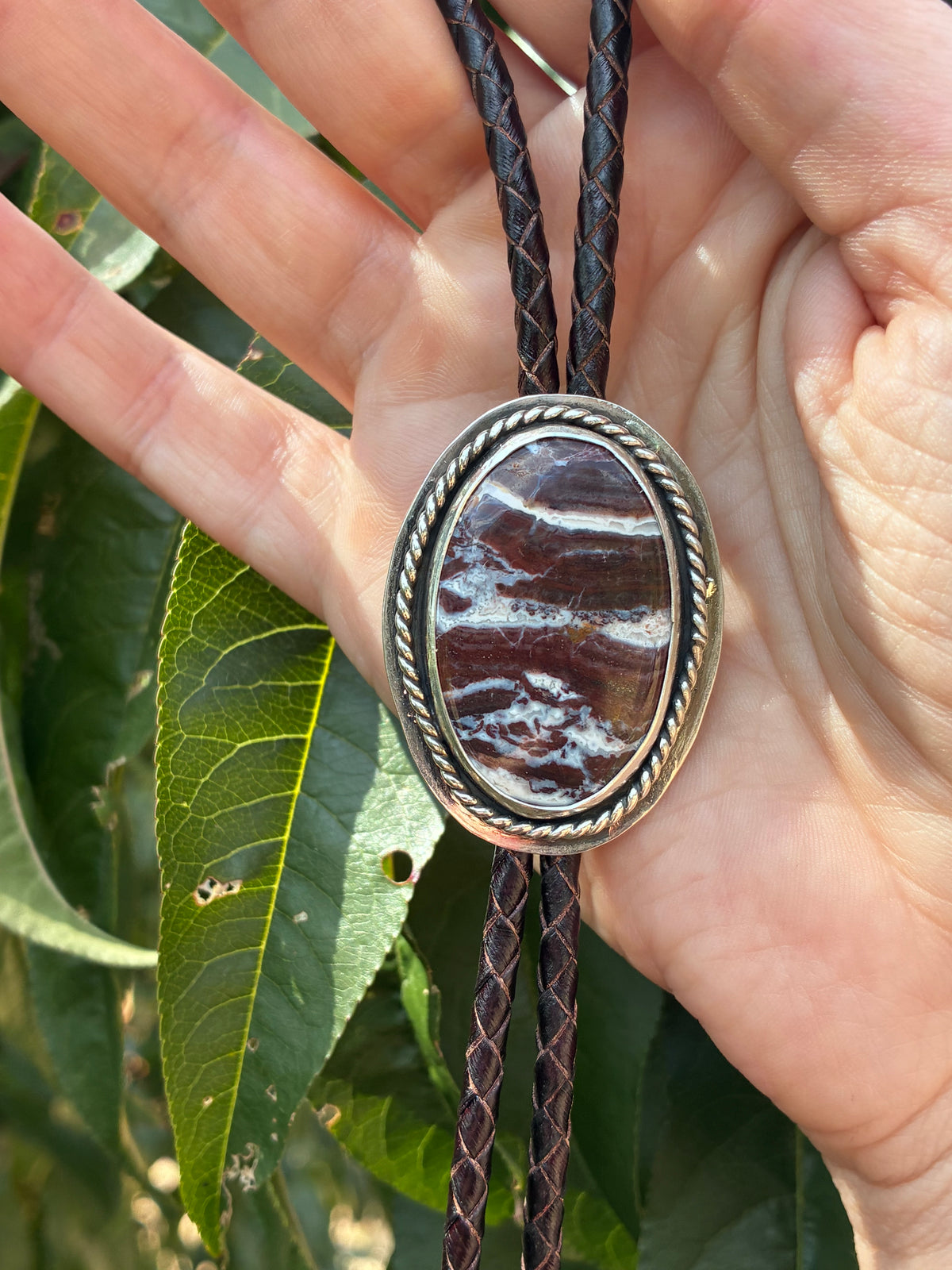 Red Creek Jasper bolo tie with burgundy and cream stone
