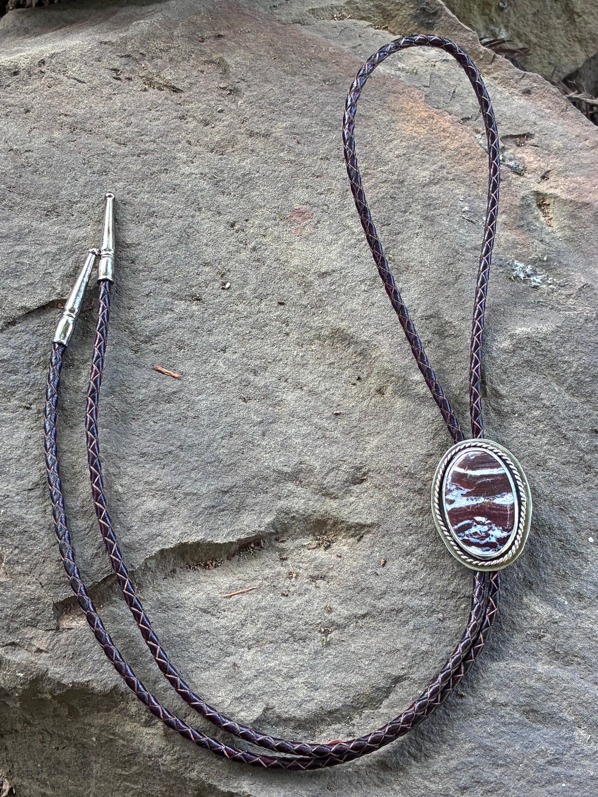 Western Red Creek Jasper bolo tie with braided cord